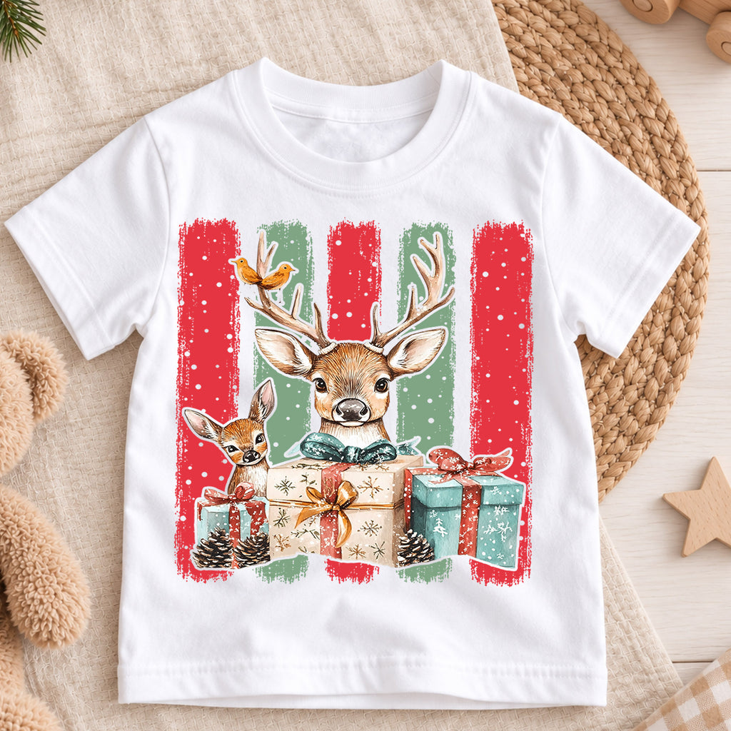 Woodland Deer Christmas Shirt, Cute Reindeer Winter Gifts Tee, Festive Holiday Animal Kids Top, Gift Holiday Outfit for Boys Girls — product view 3