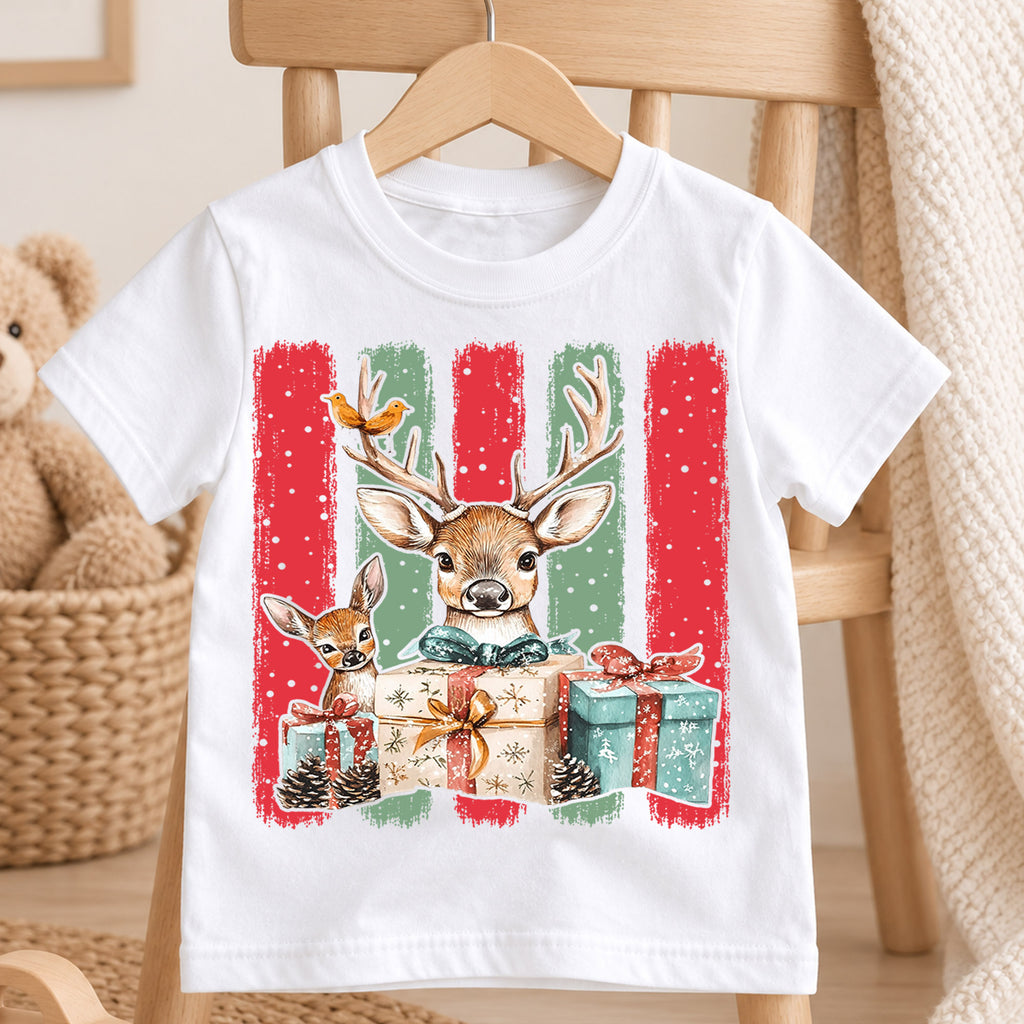 Woodland Deer Christmas Shirt, Cute Reindeer Winter Gifts Tee, Festive Holiday Animal Kids Top, Gift Holiday Outfit for Boys Girls — product view 4