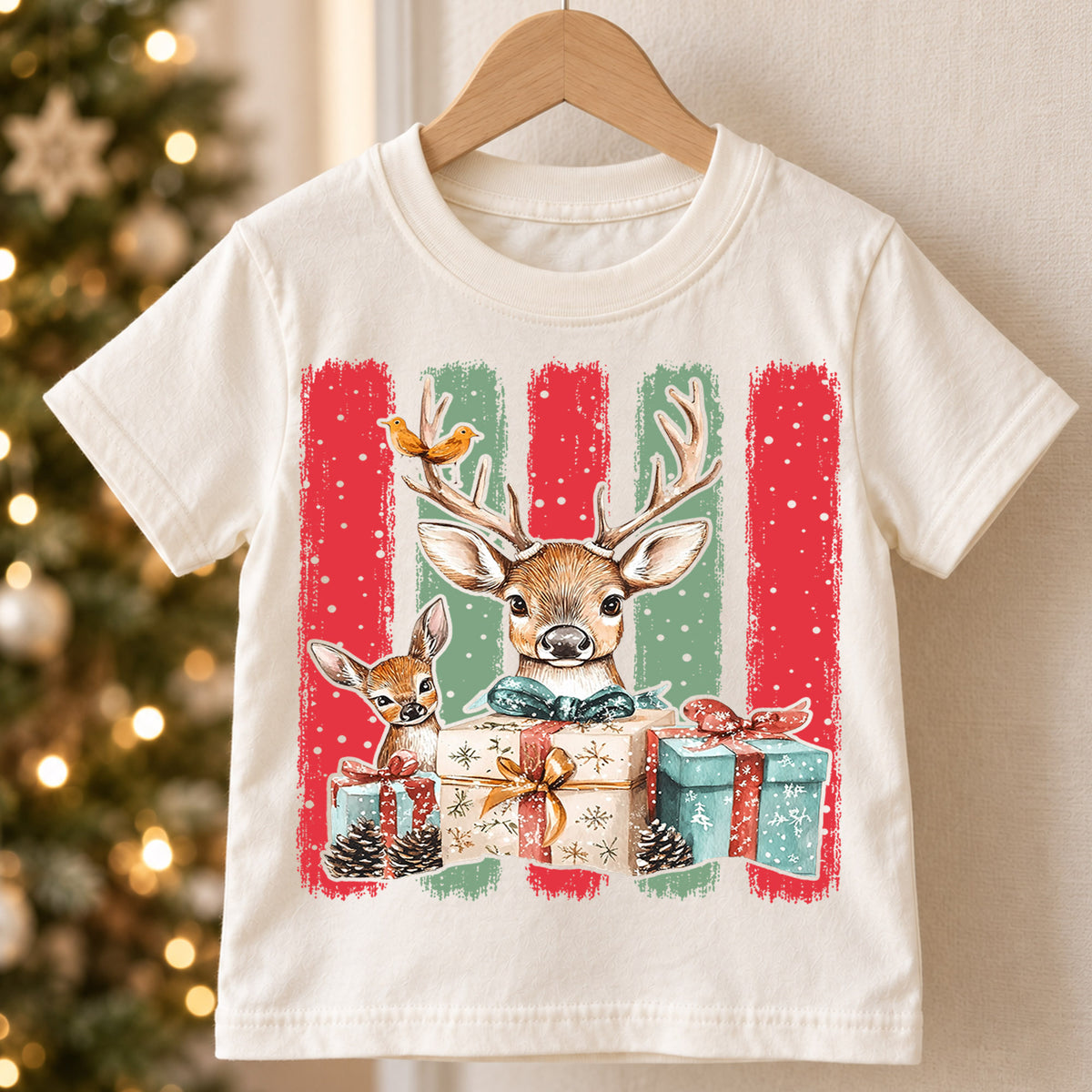 Woodland Deer Christmas Shirt, Cute Reindeer Winter Gifts Tee, Festive Holiday Animal Kids Top, Gift Holiday Outfit for Boys Girls — product view 5