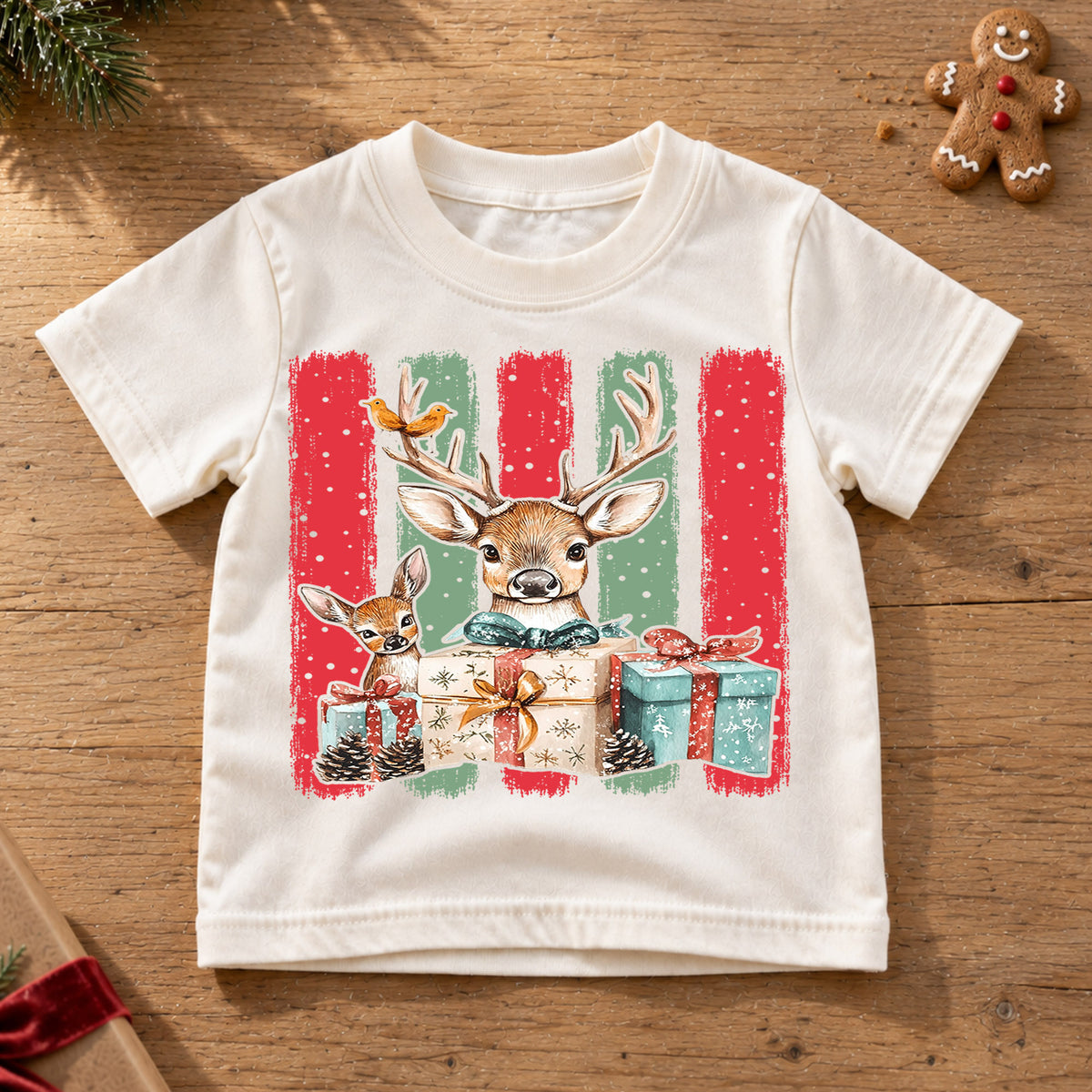 Woodland Deer Christmas Shirt, Cute Reindeer Winter Gifts Tee, Festive Holiday Animal Kids Top, Gift Holiday Outfit for Boys Girls — product view 6