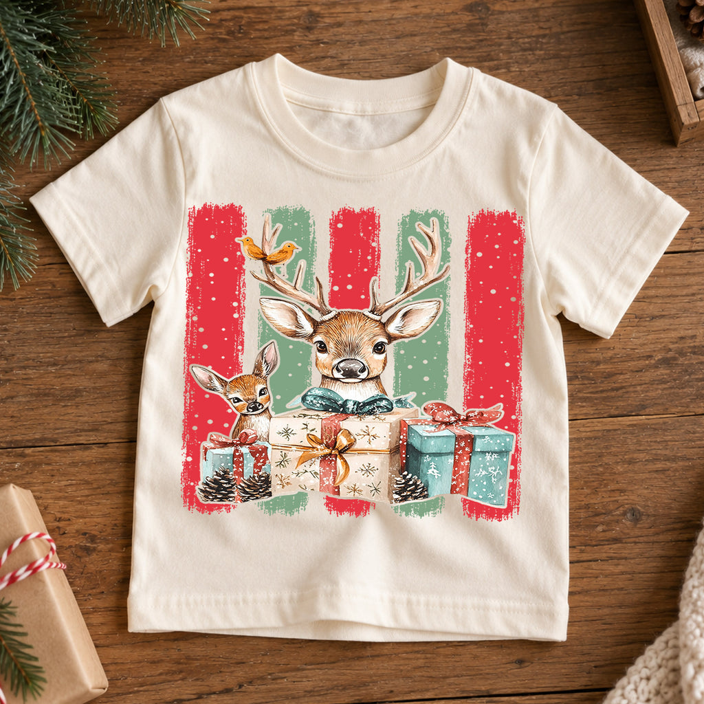 Woodland Deer Christmas Shirt, Cute Reindeer Winter Gifts Tee, Festive Holiday Animal Kids Top, Gift Holiday Outfit for Boys Girls — product view 7