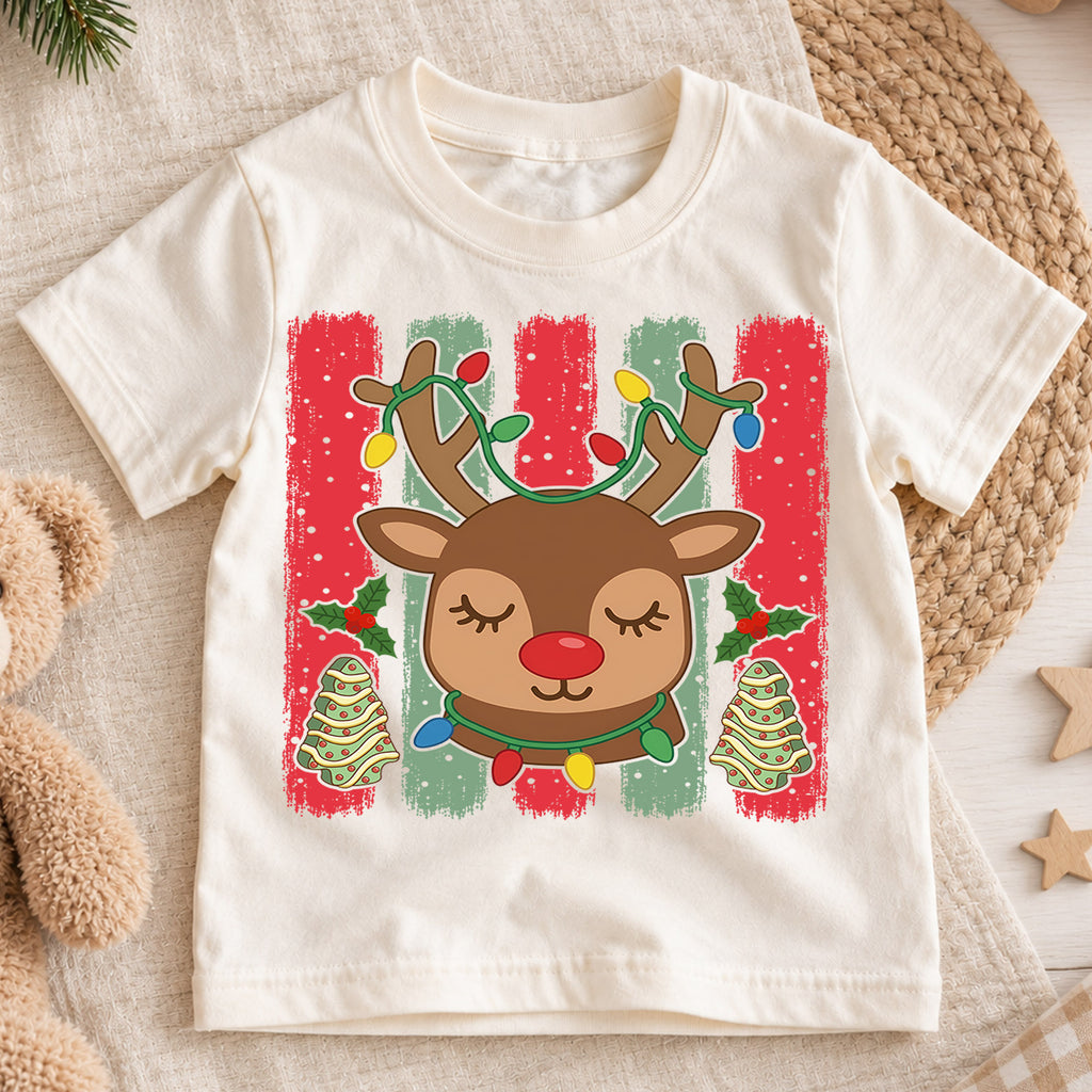 Cute Christmas Reindeer Shirt, Holiday Lights Antlers Tee, Festive Winter Kids Top, Gift For Children Holiday Outfit for Boys Girls — product view 1