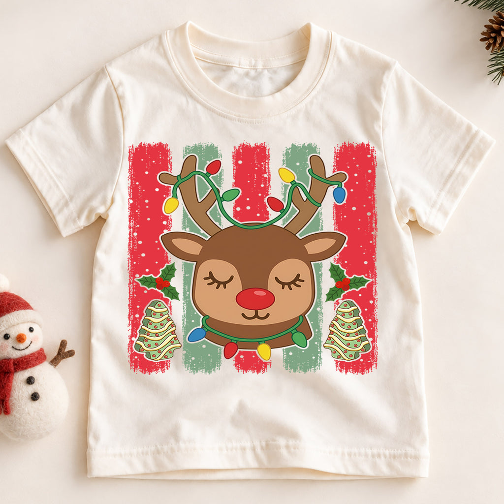 Cute Christmas Reindeer Shirt, Holiday Lights Antlers Tee, Festive Winter Kids Top, Gift For Children Holiday Outfit for Boys Girls — product view 2