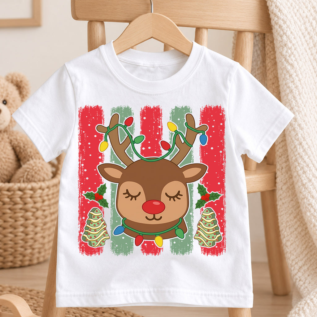 Cute Christmas Reindeer Shirt, Holiday Lights Antlers Tee, Festive Winter Kids Top, Gift For Children Holiday Outfit for Boys Girls — product view 4
