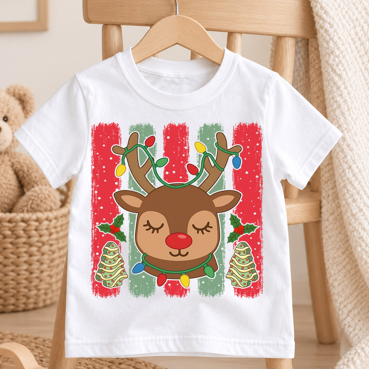 Cute Christmas Reindeer Shirt, Holiday Lights Antlers Tee, Festive Winter Kids Top, Gift For Children Holiday Outfit for Boys Girls — product view 4