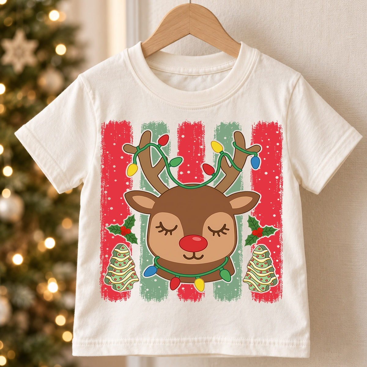 Cute Christmas Reindeer Shirt, Holiday Lights Antlers Tee, Festive Winter Kids Top, Gift For Children Holiday Outfit for Boys Girls — product view 5