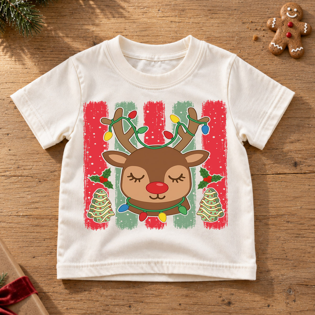 Cute Christmas Reindeer Shirt, Holiday Lights Antlers Tee, Festive Winter Kids Top, Gift For Children Holiday Outfit for Boys Girls — product view 6