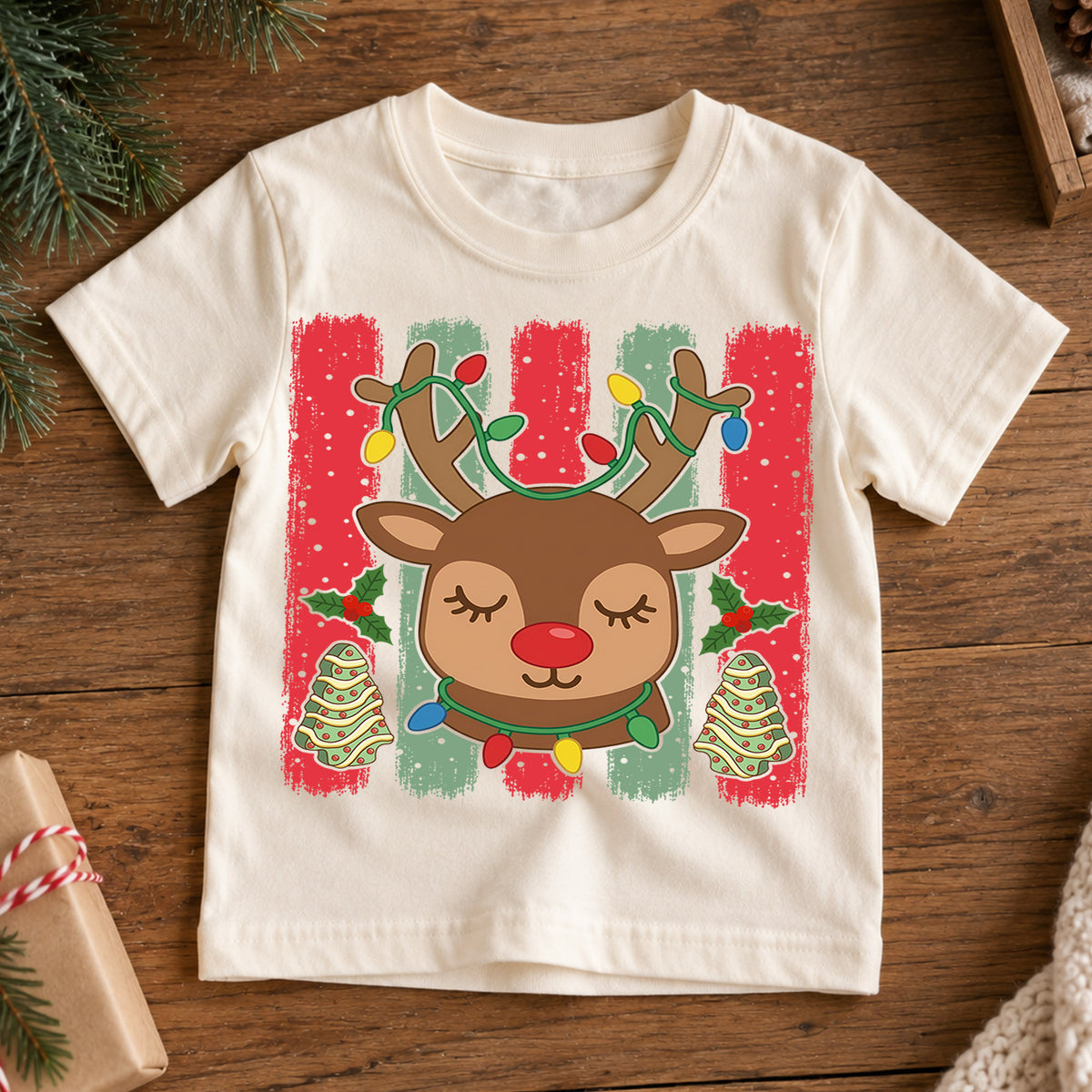 Cute Christmas Reindeer Shirt, Holiday Lights Antlers Tee, Festive Winter Kids Top, Gift For Children Holiday Outfit for Boys Girls — product view 7