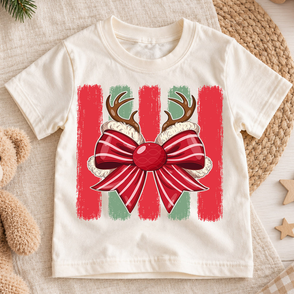 Cute Reindeer Antlers Christmas Shirt, Holiday Bow Xmas Kids Tee, Festive Winter Top, Gift For Children Holiday Outfit for Boys Girls — product view 1