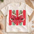 Cute Reindeer Antlers Christmas Shirt, Holiday Bow Xmas Kids Tee, Festive Winter Top, Gift For Children Holiday Outfit for Boys Girls — product view 1