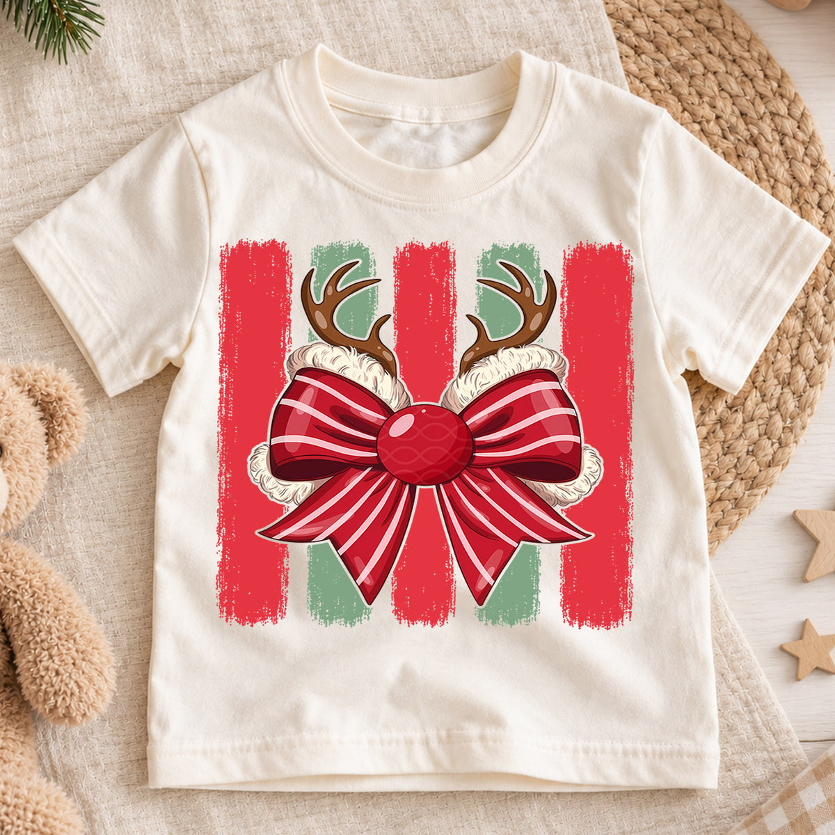 Cute Reindeer Antlers Christmas Shirt, Holiday Bow Xmas Kids Tee, Festive Winter Top, Gift For Children Holiday Outfit for Boys Girls — product view 1