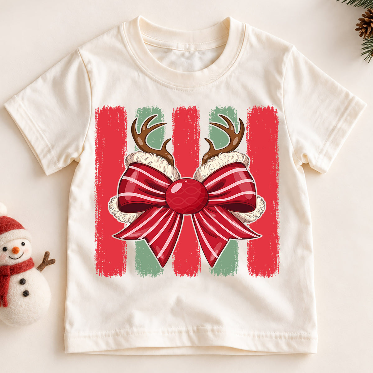 Cute Reindeer Antlers Christmas Shirt, Holiday Bow Xmas Kids Tee, Festive Winter Top, Gift For Children Holiday Outfit for Boys Girls — product view 2
