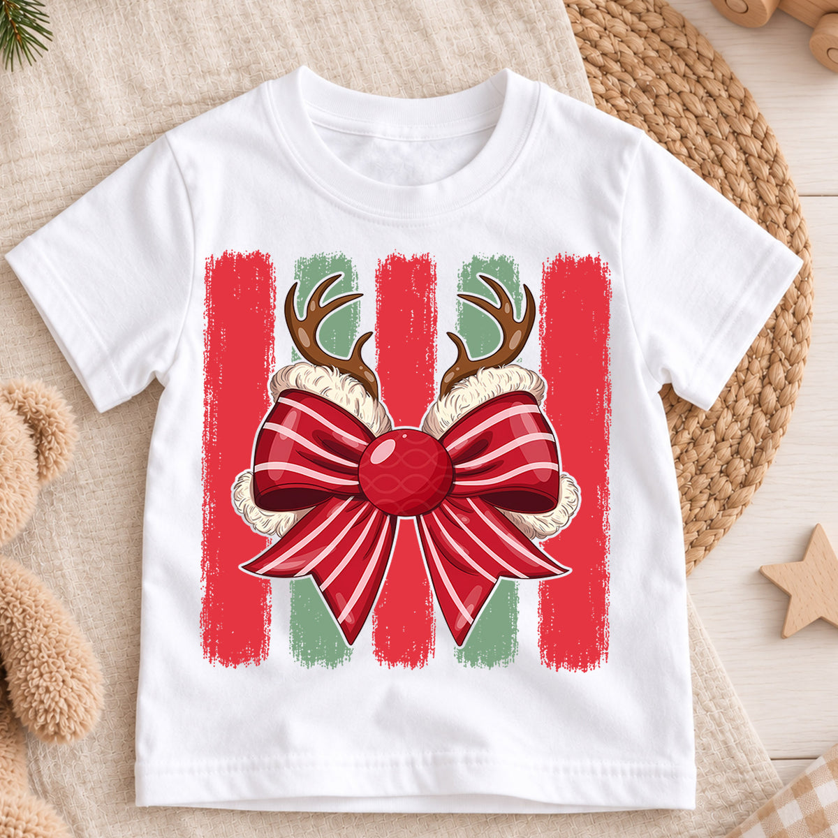 Cute Reindeer Antlers Christmas Shirt, Holiday Bow Xmas Kids Tee, Festive Winter Top, Gift For Children Holiday Outfit for Boys Girls — product view 3