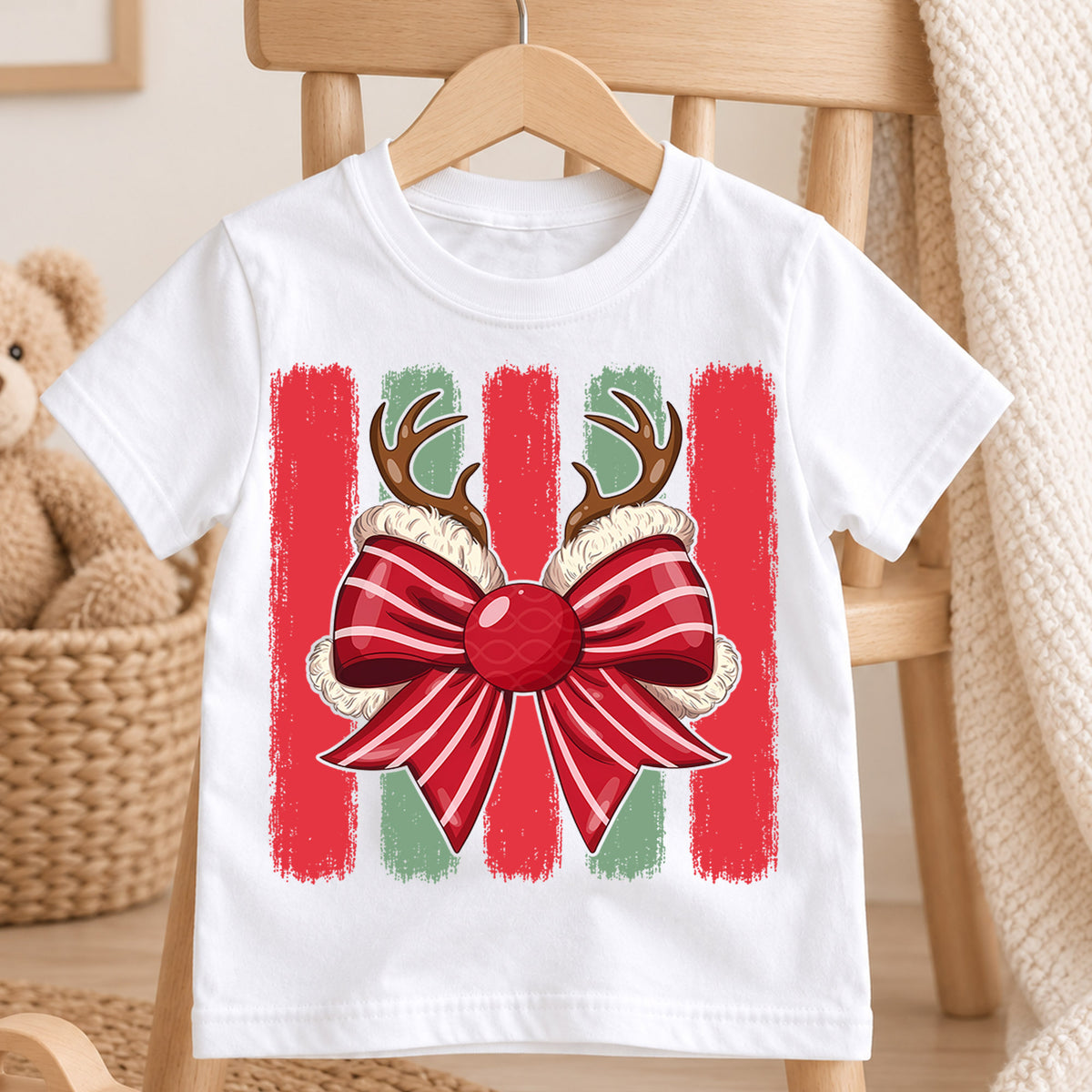 Cute Reindeer Antlers Christmas Shirt, Holiday Bow Xmas Kids Tee, Festive Winter Top, Gift For Children Holiday Outfit for Boys Girls — product view 4
