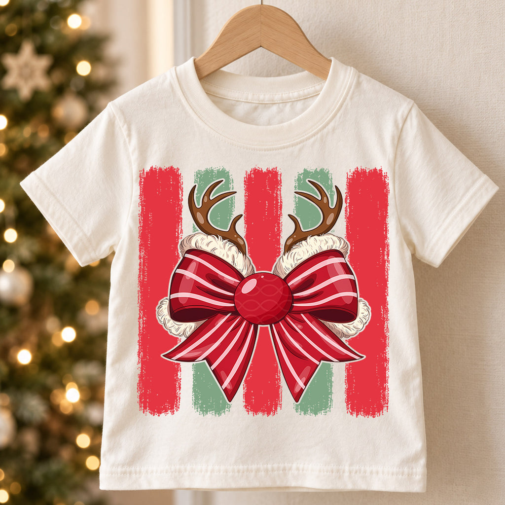 Cute Reindeer Antlers Christmas Shirt, Holiday Bow Xmas Kids Tee, Festive Winter Top, Gift For Children Holiday Outfit for Boys Girls — product view 5