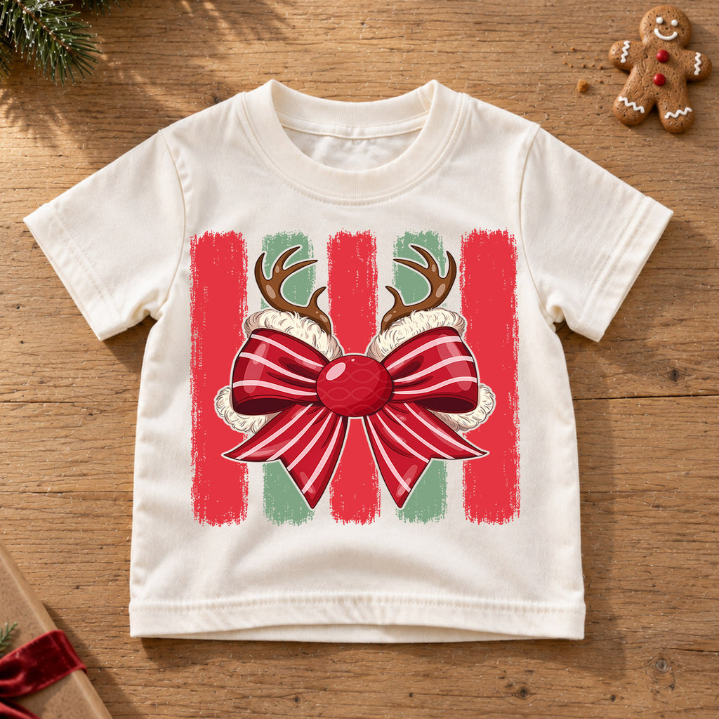 Cute Reindeer Antlers Christmas Shirt, Holiday Bow Xmas Kids Tee, Festive Winter Top, Gift For Children Holiday Outfit for Boys Girls — product view 6