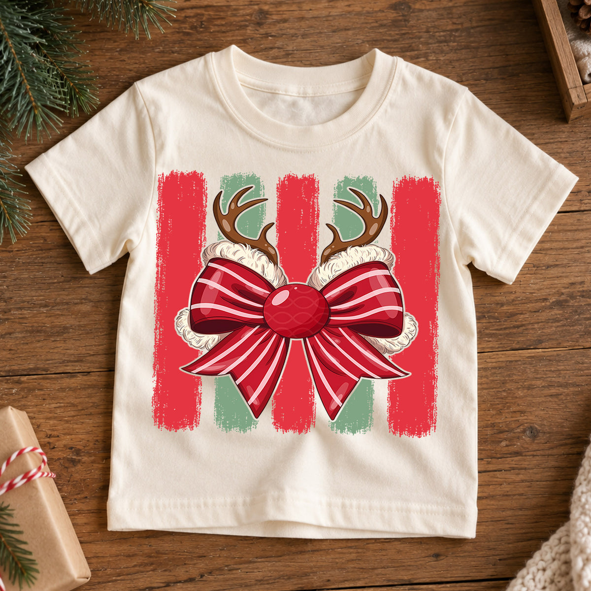 Cute Reindeer Antlers Christmas Shirt, Holiday Bow Xmas Kids Tee, Festive Winter Top, Gift For Children Holiday Outfit for Boys Girls — product view 7