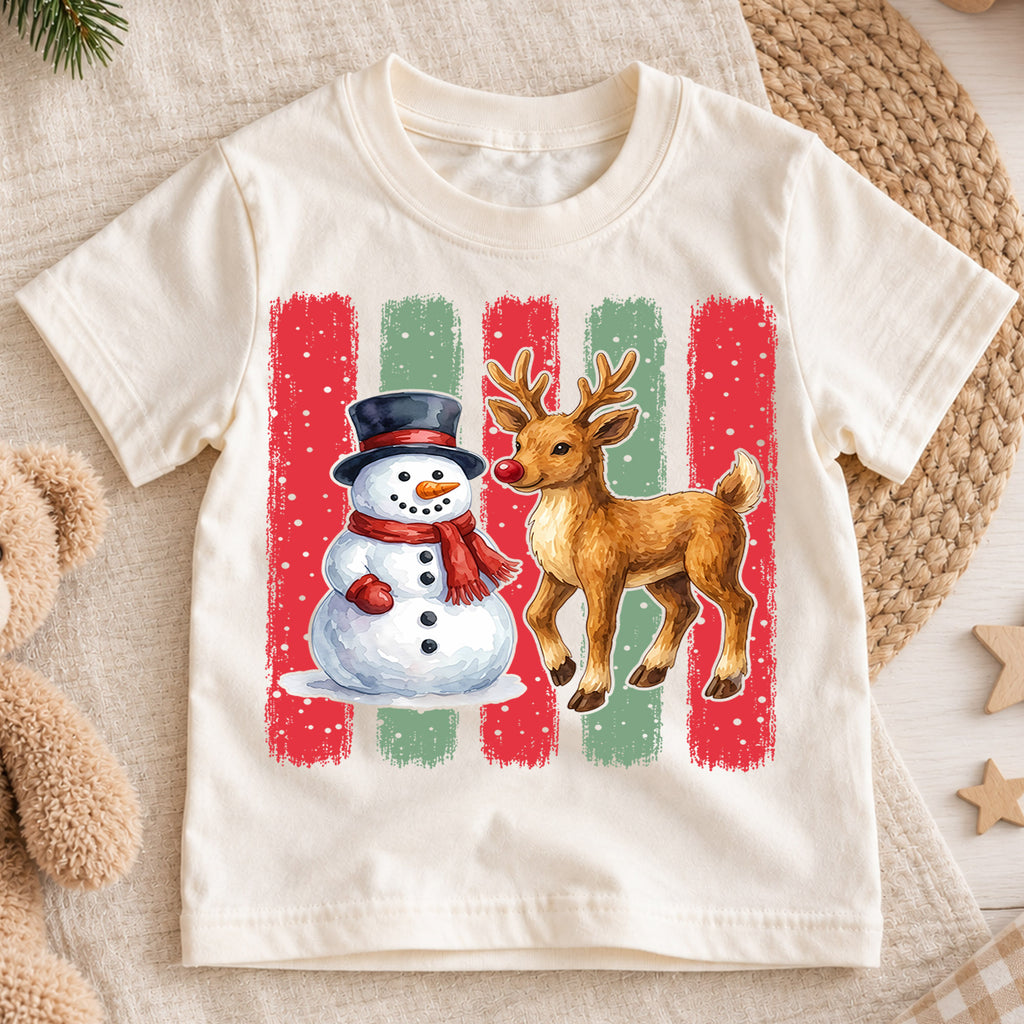 Snowman And Reindeer Christmas Shirt, Cute Winter Animals Kids Tee, Festive Holiday Outfit, Gift Festive Winter Outfit for Boys Girls — product view 1