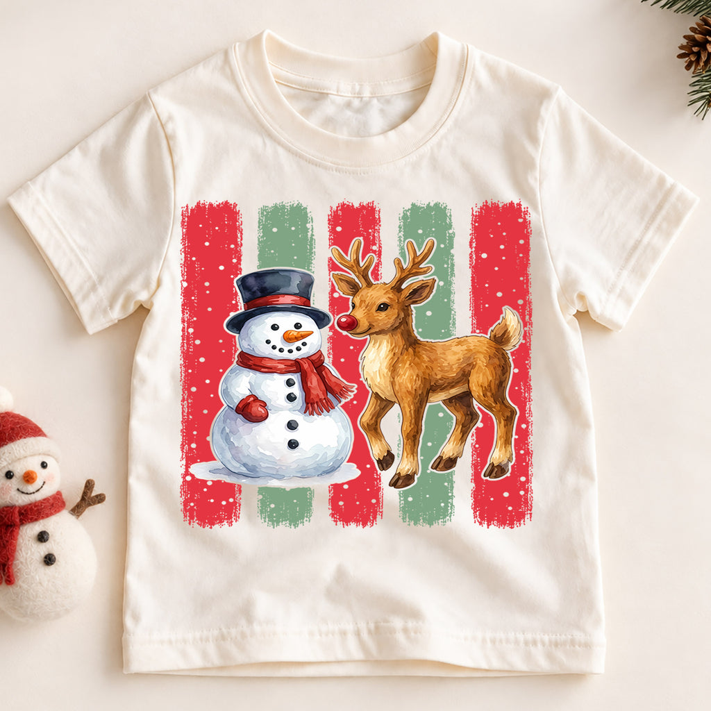 Snowman And Reindeer Christmas Shirt, Cute Winter Animals Kids Tee, Festive Holiday Outfit, Gift Festive Winter Outfit for Boys Girls — product view 2