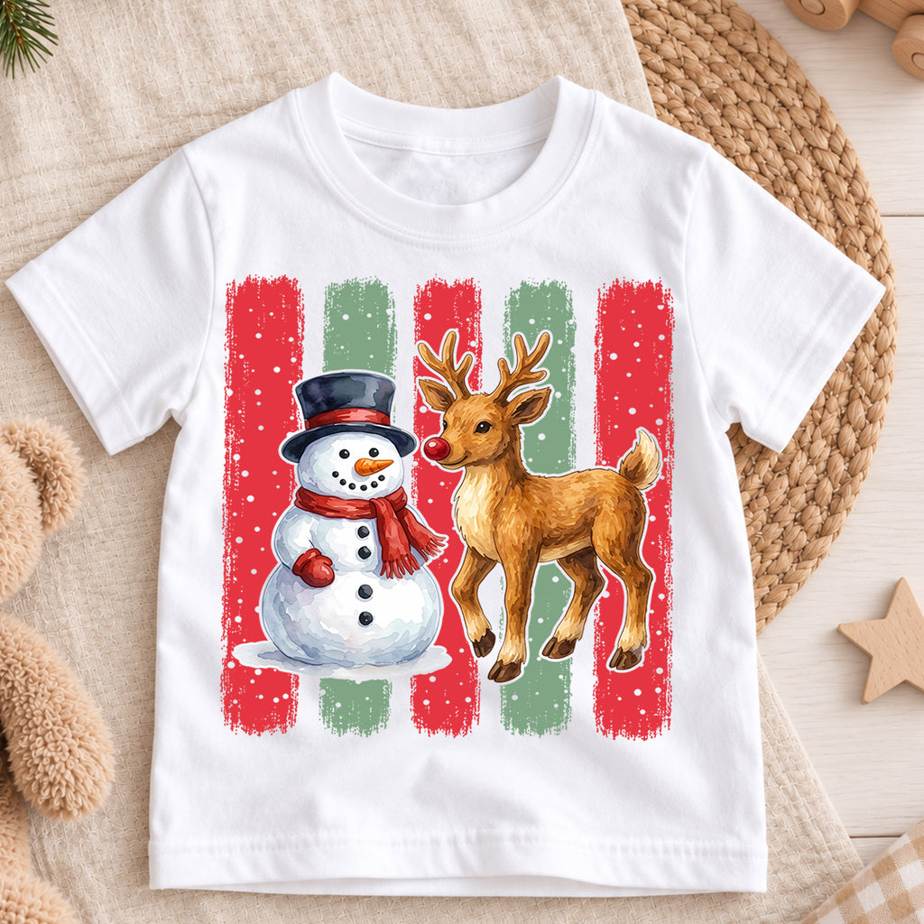 Snowman And Reindeer Christmas Shirt, Cute Winter Animals Kids Tee, Festive Holiday Outfit, Gift Festive Winter Outfit for Boys Girls — product view 3