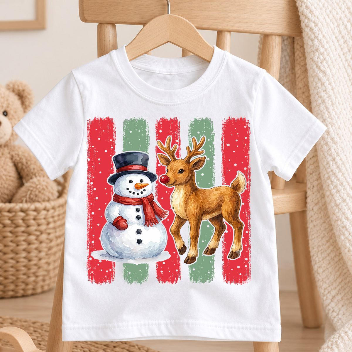 Snowman And Reindeer Christmas Shirt, Cute Winter Animals Kids Tee, Festive Holiday Outfit, Gift Festive Winter Outfit for Boys Girls — product view 4