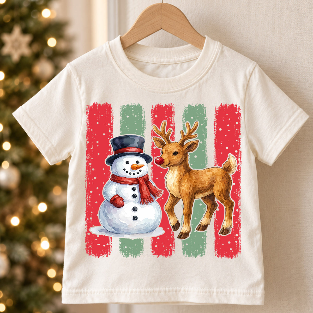 Snowman And Reindeer Christmas Shirt, Cute Winter Animals Kids Tee, Festive Holiday Outfit, Gift Festive Winter Outfit for Boys Girls — product view 5