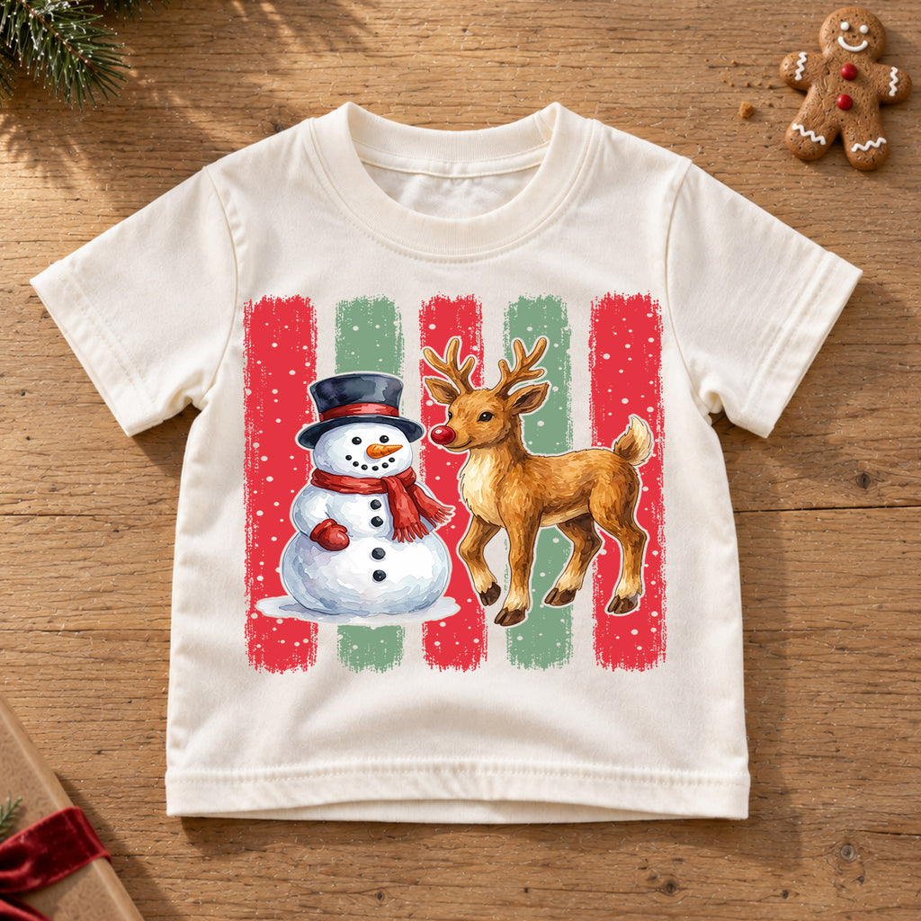 Snowman And Reindeer Christmas Shirt, Cute Winter Animals Kids Tee, Festive Holiday Outfit, Gift Festive Winter Outfit for Boys Girls — product view 6