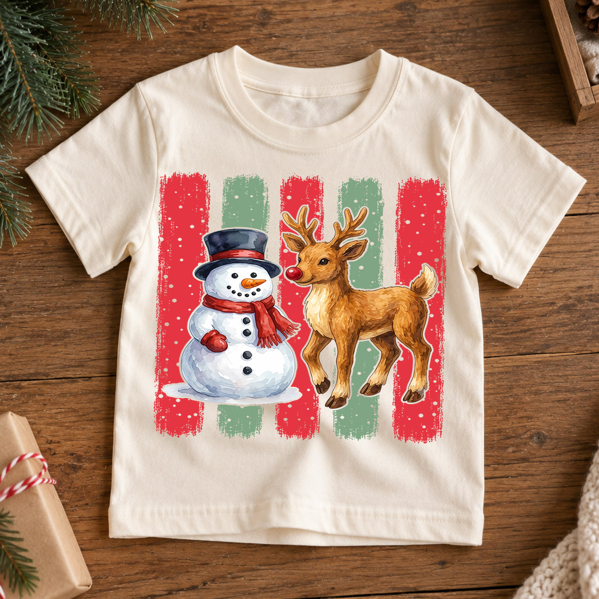 Snowman And Reindeer Christmas Shirt, Cute Winter Animals Kids Tee, Festive Holiday Outfit, Gift Festive Winter Outfit for Boys Girls — product view 7