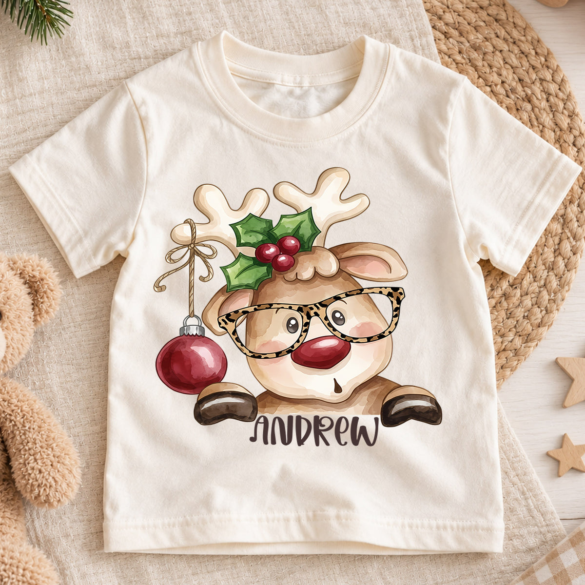 Personalized Reindeer Christmas Kids T-Shirt, Custom Name Glasses Holiday Shirt, 1st Christmas Gift, 1st Birthday Keepsake for Boys — product view 1