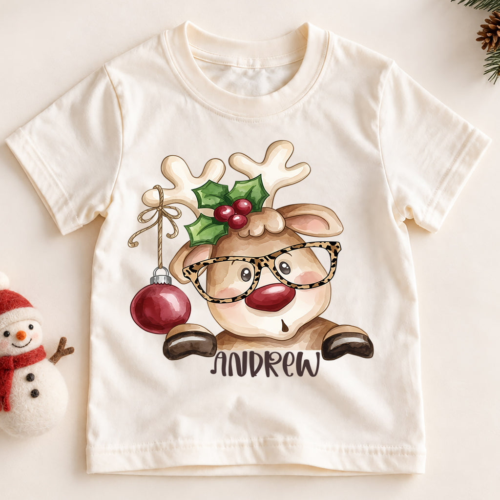 Personalized Reindeer Christmas Kids T-Shirt, Custom Name Glasses Holiday Shirt, 1st Christmas Gift, 1st Birthday Keepsake for Boys — product view 2
