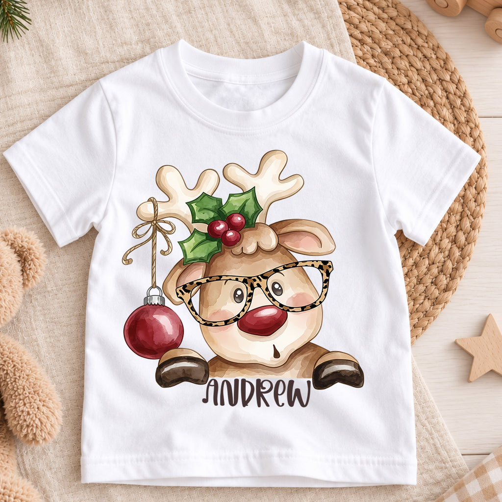 Personalized Reindeer Christmas Kids T-Shirt, Custom Name Glasses Holiday Shirt, 1st Christmas Gift, 1st Birthday Keepsake for Boys — product view 3