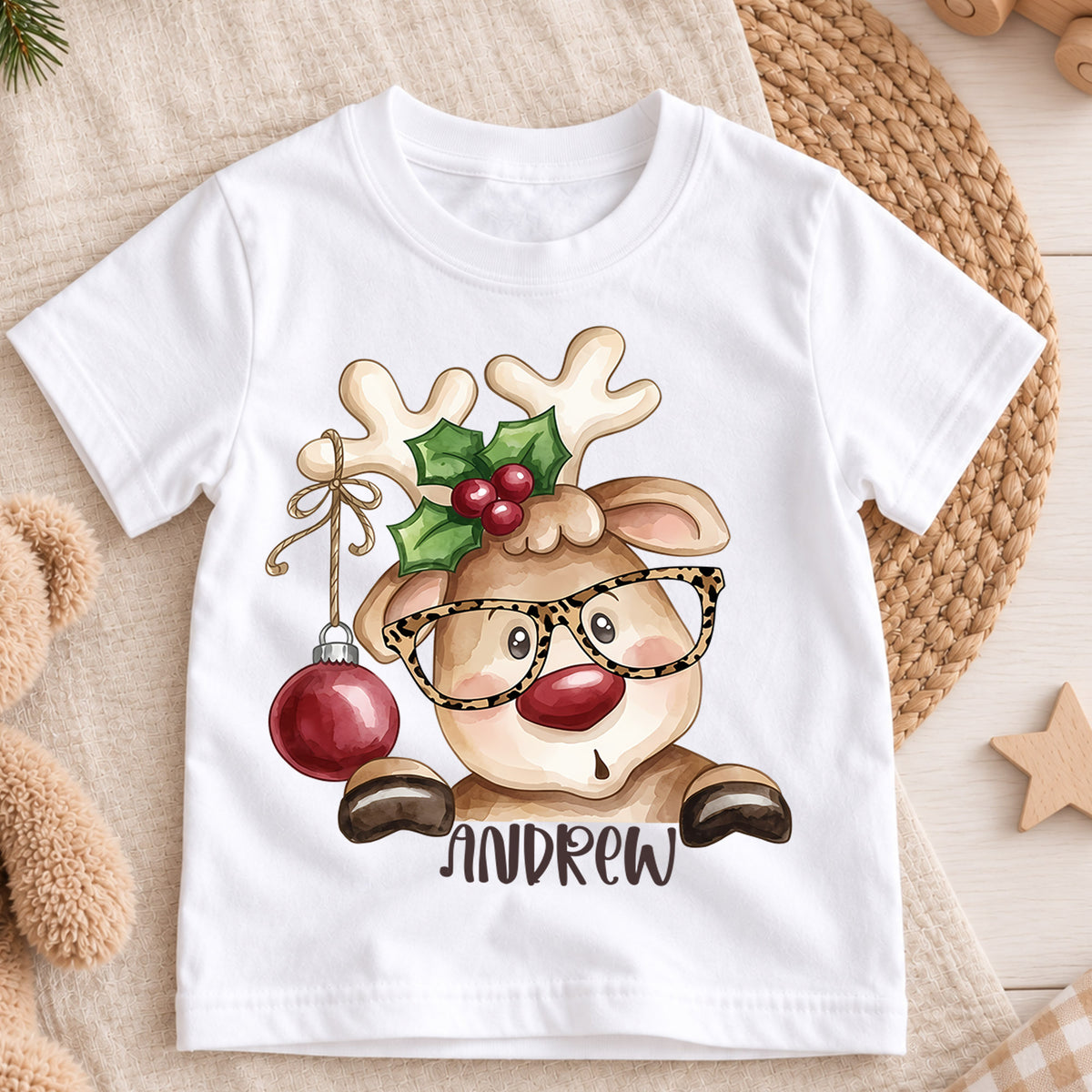 Personalized Reindeer Christmas Kids T-Shirt, Custom Name Glasses Holiday Shirt, 1st Christmas Gift, 1st Birthday Keepsake for Boys — product view 3