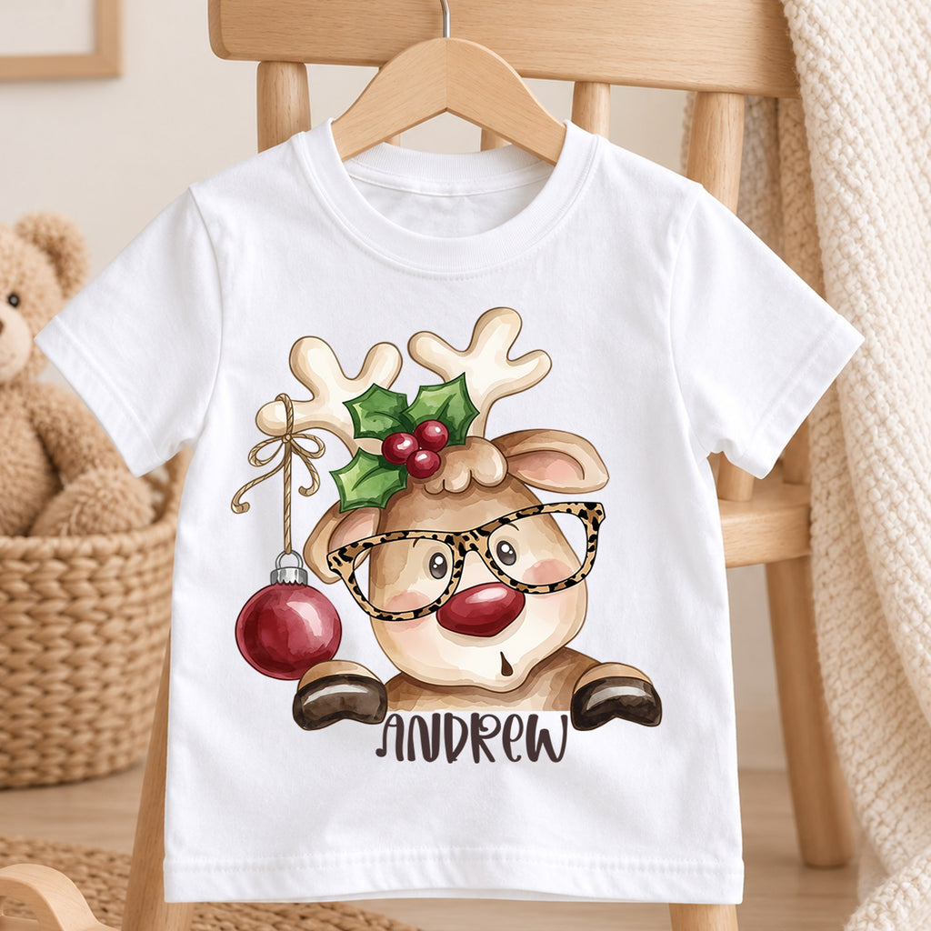 Personalized Reindeer Christmas Kids T-Shirt, Custom Name Glasses Holiday Shirt, 1st Christmas Gift, 1st Birthday Keepsake for Boys — product view 4