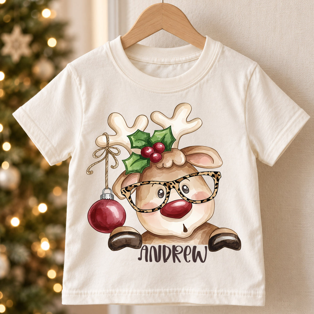 Personalized Reindeer Christmas Kids T-Shirt, Custom Name Glasses Holiday Shirt, 1st Christmas Gift, 1st Birthday Keepsake for Boys — product view 5