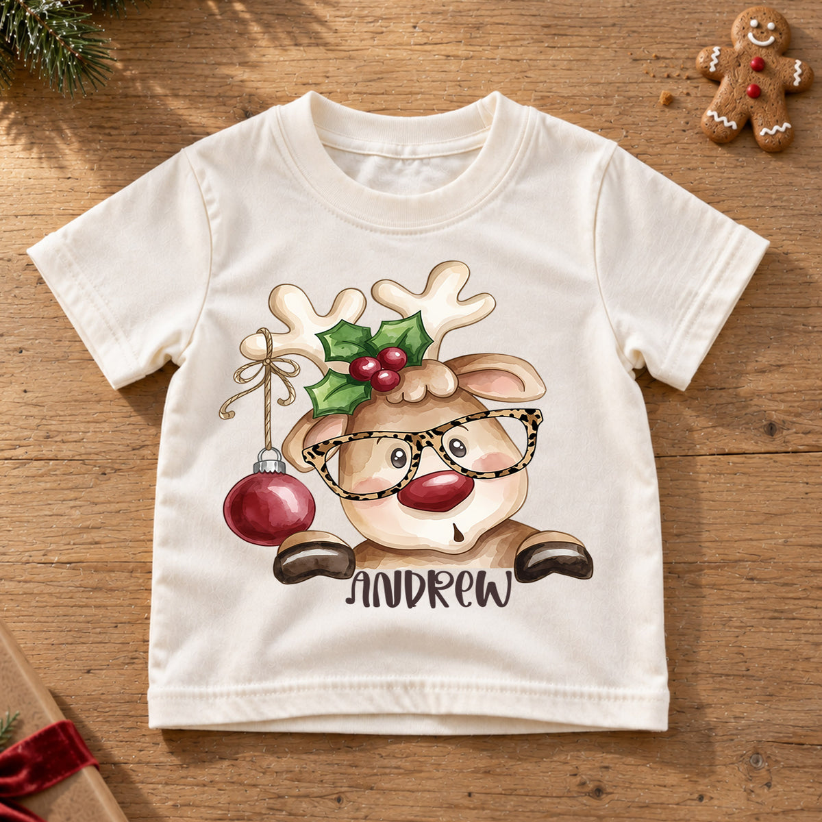 Personalized Reindeer Christmas Kids T-Shirt, Custom Name Glasses Holiday Shirt, 1st Christmas Gift, 1st Birthday Keepsake for Boys — product view 6