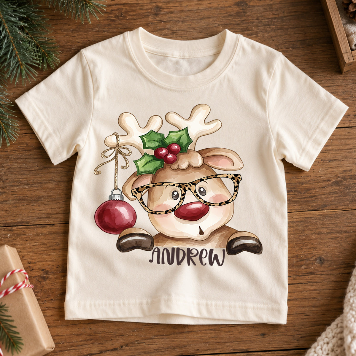 Personalized Reindeer Christmas Kids T-Shirt, Custom Name Glasses Holiday Shirt, 1st Christmas Gift, 1st Birthday Keepsake for Boys — product view 7