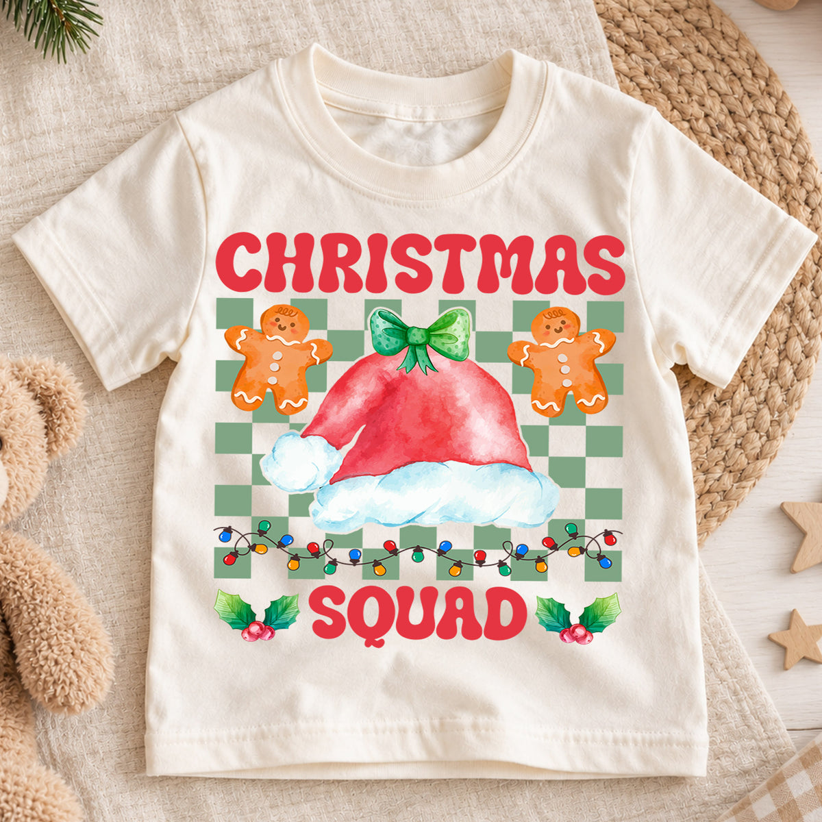 Christmas Squad Kids Shirt, Gingerbread Santa Hat Holiday Tee, Retro Checkered Christmas Outfit, Cute Toddler Xmas Gift for Little Kids — product view 1