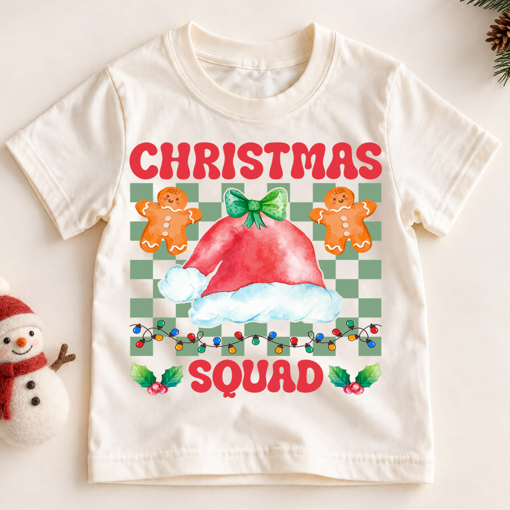 Christmas Squad Kids Shirt, Gingerbread Santa Hat Holiday Tee, Retro Checkered Christmas Outfit, Cute Toddler Xmas Gift for Little Kids — product view 2