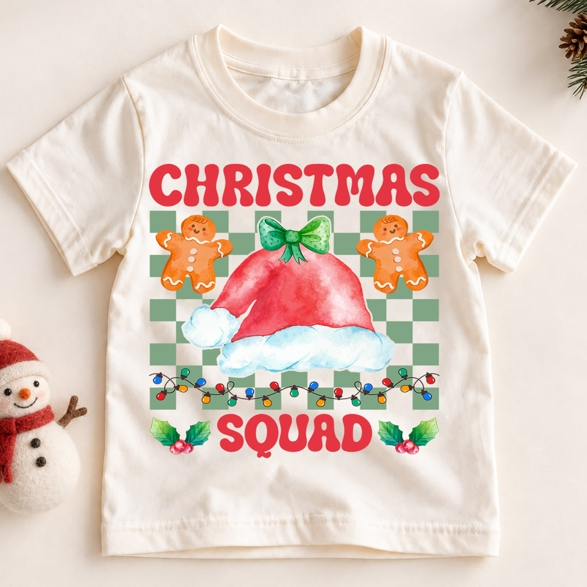 Christmas Squad Kids Shirt, Gingerbread Santa Hat Holiday Tee, Retro Checkered Christmas Outfit, Cute Toddler Xmas Gift for Little Kids — product view 2
