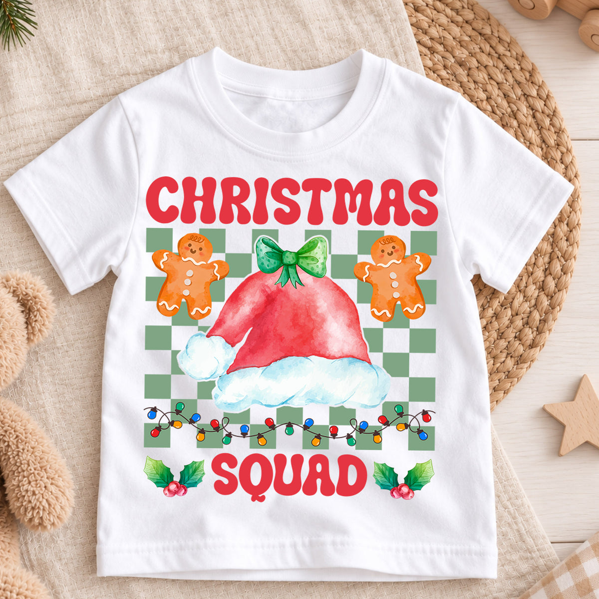 Christmas Squad Kids Shirt, Gingerbread Santa Hat Holiday Tee, Retro Checkered Christmas Outfit, Cute Toddler Xmas Gift for Little Kids — product view 3
