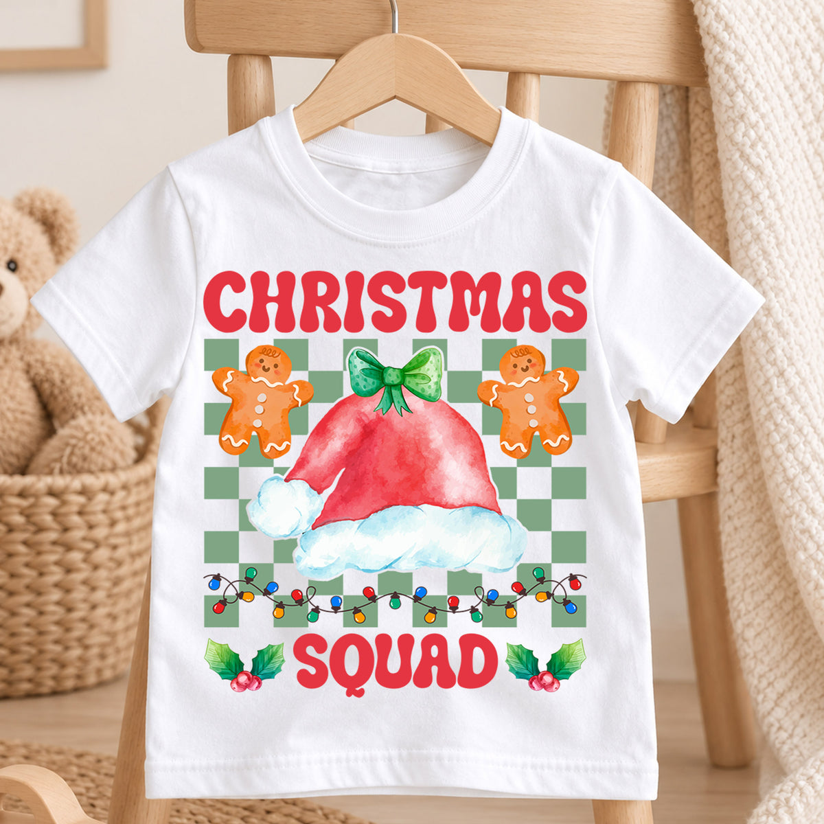 Christmas Squad Kids Shirt, Gingerbread Santa Hat Holiday Tee, Retro Checkered Christmas Outfit, Cute Toddler Xmas Gift for Little Kids — product view 4