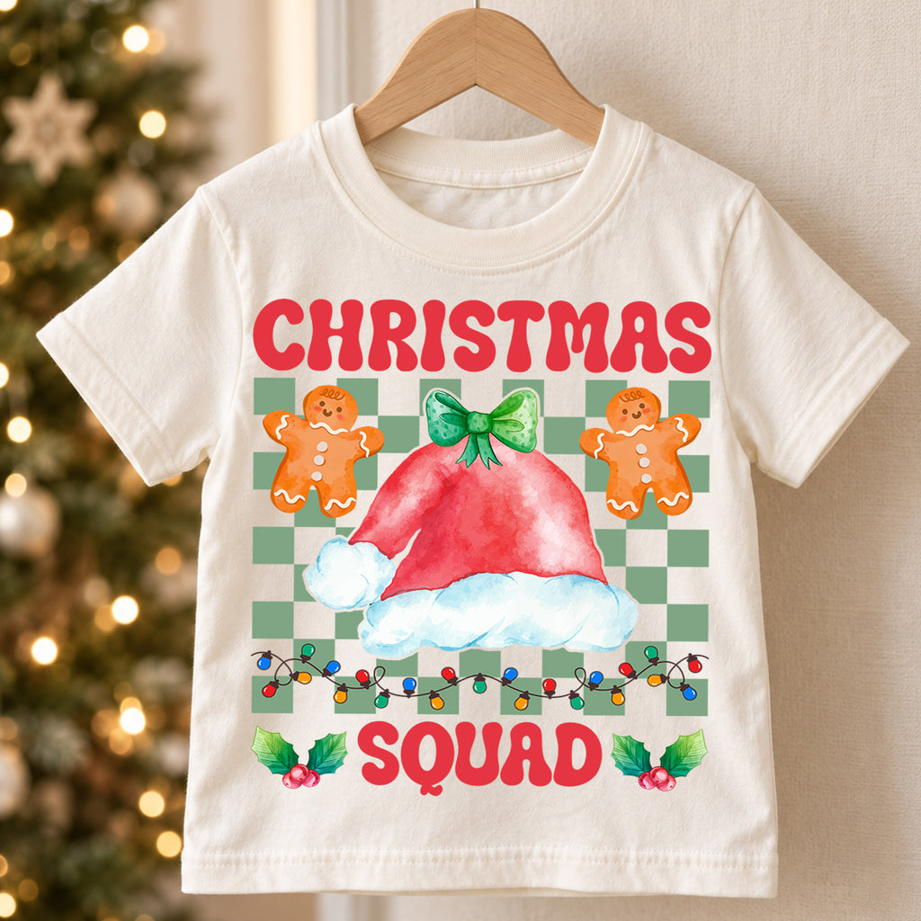 Christmas Squad Kids Shirt, Gingerbread Santa Hat Holiday Tee, Retro Checkered Christmas Outfit, Cute Toddler Xmas Gift for Little Kids — product view 5