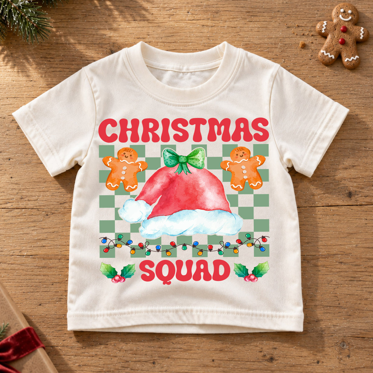 Christmas Squad Kids Shirt, Gingerbread Santa Hat Holiday Tee, Retro Checkered Christmas Outfit, Cute Toddler Xmas Gift for Little Kids — product view 6