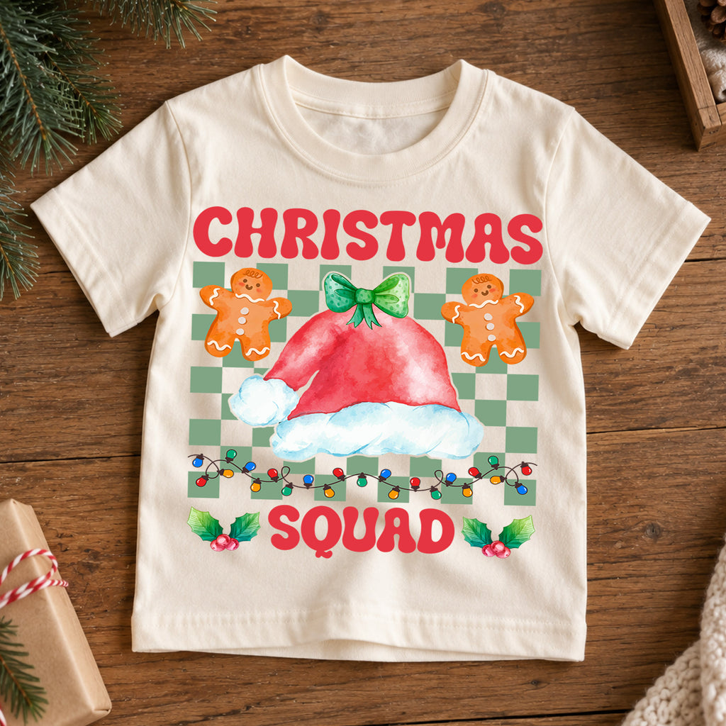 Christmas Squad Kids Shirt, Gingerbread Santa Hat Holiday Tee, Retro Checkered Christmas Outfit, Cute Toddler Xmas Gift for Little Kids — product view 7