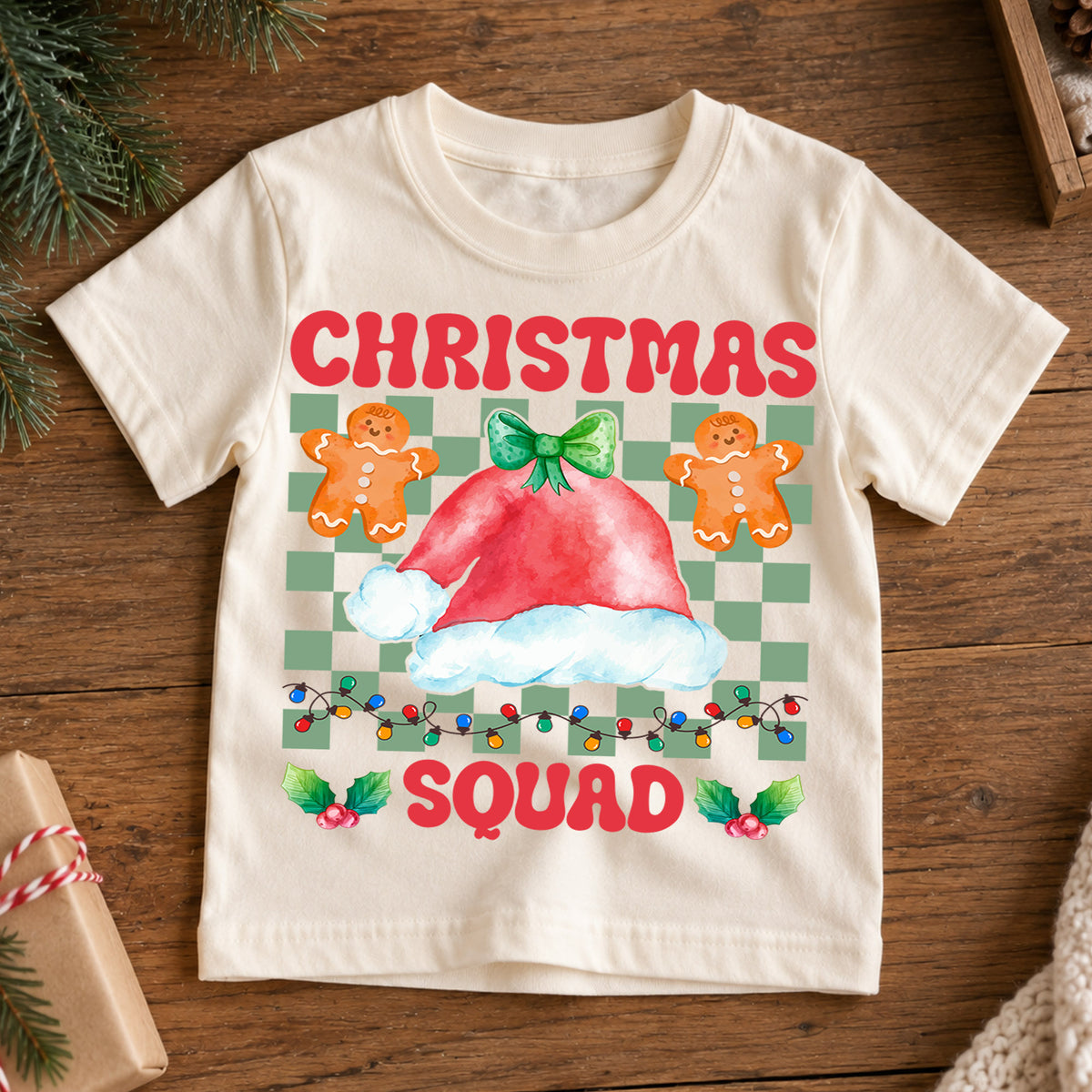 Christmas Squad Kids Shirt, Gingerbread Santa Hat Holiday Tee, Retro Checkered Christmas Outfit, Cute Toddler Xmas Gift for Little Kids — product view 7