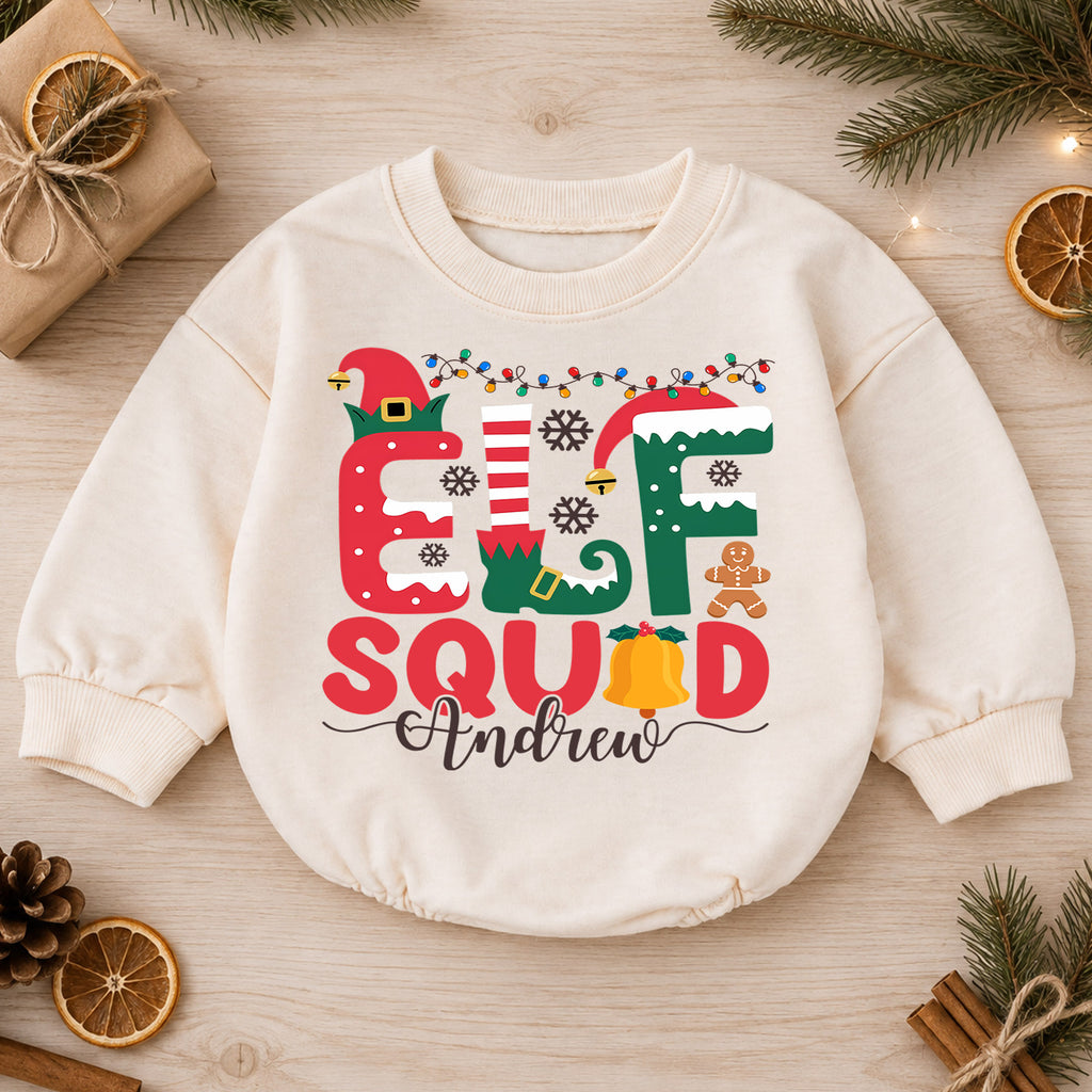 Custom Elf Squad Christmas Romper, Personalized Name Holiday Outfit, 1st Christmas Baby Gift, My First Birthday Keepsake for Baby — product view 1