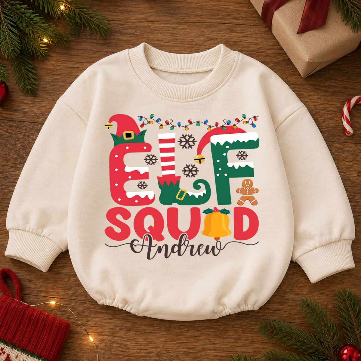 Custom Elf Squad Christmas Romper, Personalized Name Holiday Outfit, 1st Christmas Baby Gift, My First Birthday Keepsake for Baby — product view 2