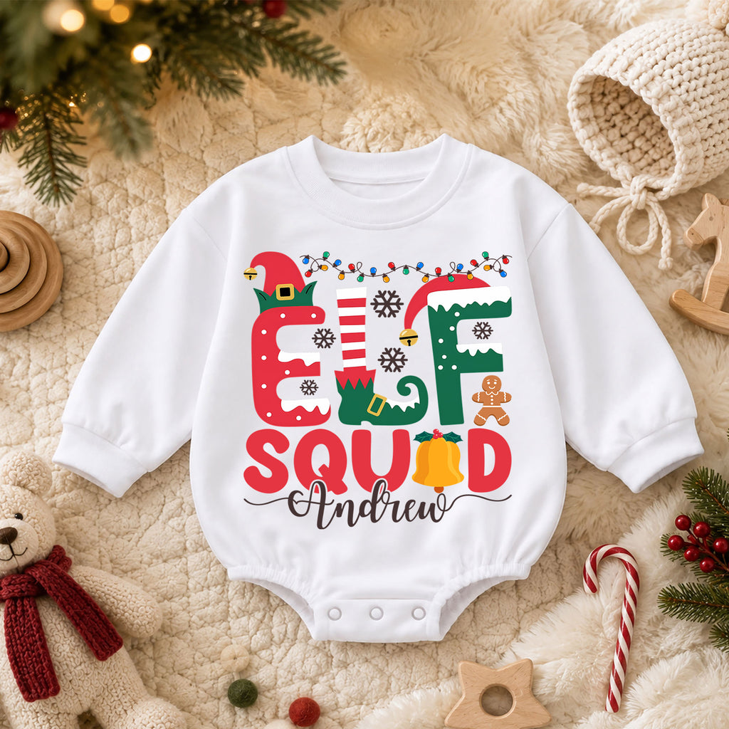 Custom Elf Squad Christmas Romper, Personalized Name Holiday Outfit, 1st Christmas Baby Gift, My First Birthday Keepsake for Baby — product view 3