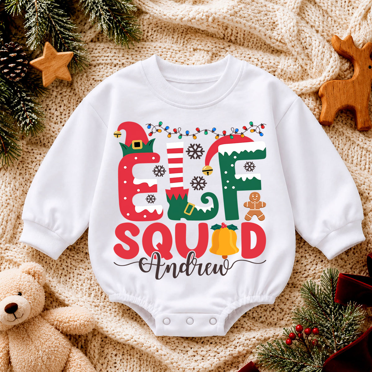 Custom Elf Squad Christmas Romper, Personalized Name Holiday Outfit, 1st Christmas Baby Gift, My First Birthday Keepsake for Baby — product view 4