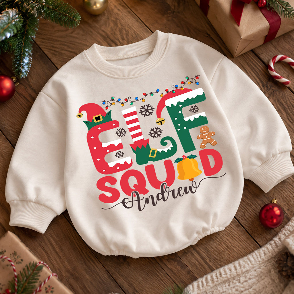 Custom Elf Squad Christmas Romper, Personalized Name Holiday Outfit, 1st Christmas Baby Gift, My First Birthday Keepsake for Baby — product view 5